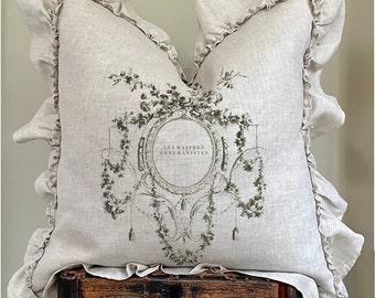Linen Ruffle Pillow Cover, Shabby French Country Beige Pillow Cover, Cottage Chic Decor, French Antiques.