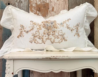 Aubusson White Ruffle Linen Lumbar Pillow, French Floral Pillow Case, Summer Decor, French Country Pillow.