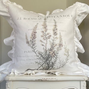 French Herb Linen Pillow Cover, Shabby Country Lavender Floral Cushion, Cottage Chic Home. French Farmhouse Antiques.