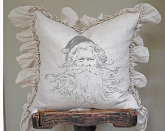 Santa Claus Beige Ruffle Pillow Cover, Shabby French Country Linen Pillow Cover, Cottage Chic Decor, Christmas Decoration.