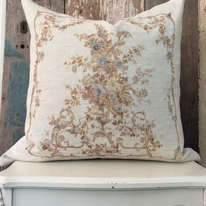 Beige and Blue Linen Aubusson Pillow Cover, Shabby Farmhouse Tapestry Throw Pillow, French Country Decor, Cottage Chic, 20" x 20"