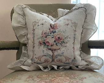 French Tapestry Ruffle Pillow Cover, Aubusson Roses Pillow, Shabby Cottage Chic, French Country Antiques, Cottagecore Home.