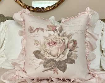 Pink French Rose Ruffle Pillow Cover, French Country Pillow Cover, Shabby Decor, Cottage Chic, French Antiques, 20” X 20”