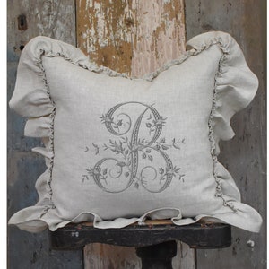 Initial Ruffle Linen Pillow Cover, Personalized Letter Beige Cushion, Swedish Farmhouse Rustic Country, Personalized Gift for Her.