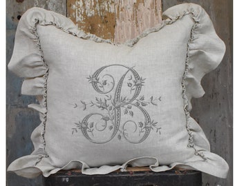 Initial Ruffle Linen Pillow Cover, Personalized Letter Beige Cushion, Swedish Farmhouse Rustic Country, Personalized Gift for Her.