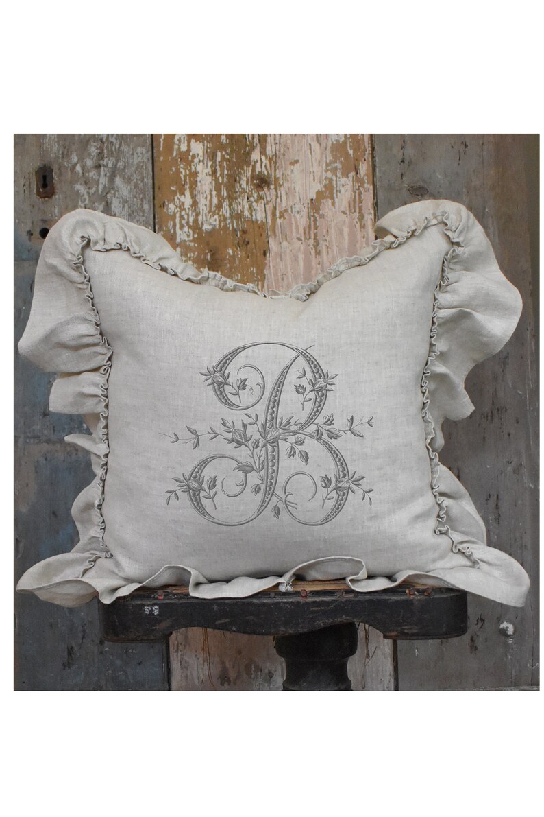 Initial Ruffle Linen Pillow Cover Personalized Letter Beige Etsy