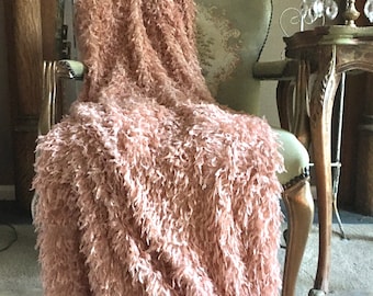 Light Rust Shag Fringe Fur Throw, Terracotta Farmhouse Blanket, Shabby French Country Decor, Neutral Cottage Chic .