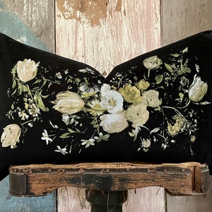 Black Floral Velvet Lumbar Pillow Cover, Vintage Decorative Neutral Throw Pillow, French Country Decor, Cottage Chic, 12” x 20”