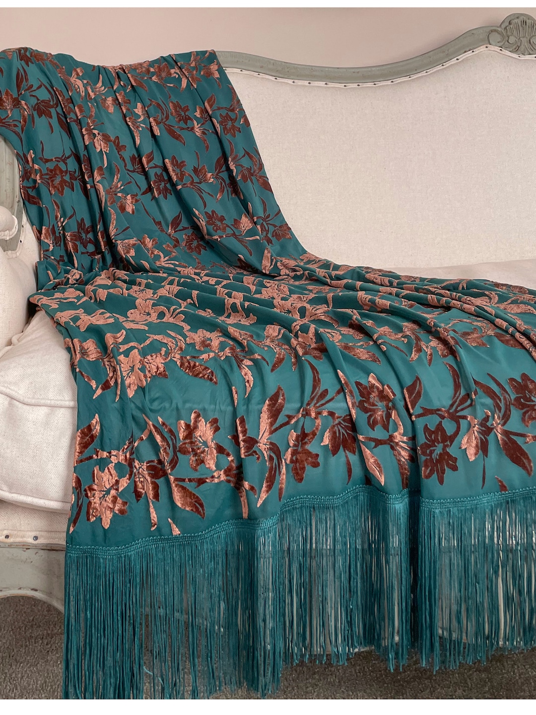 Teal Ruffle Throw Teal Green Velvet Fringe Throw, Elegant Bed Scarf, Peacock Photography ...