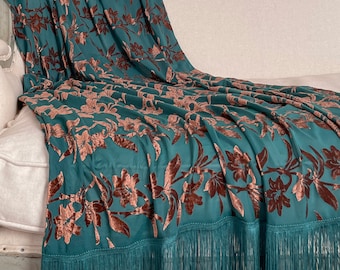 Teal Green Velvet Fringe Throw, Elegant Bed Scarf, Peacock Photography Prop, Shabby French Country Decor, Cottage Chic Romantic Throw.