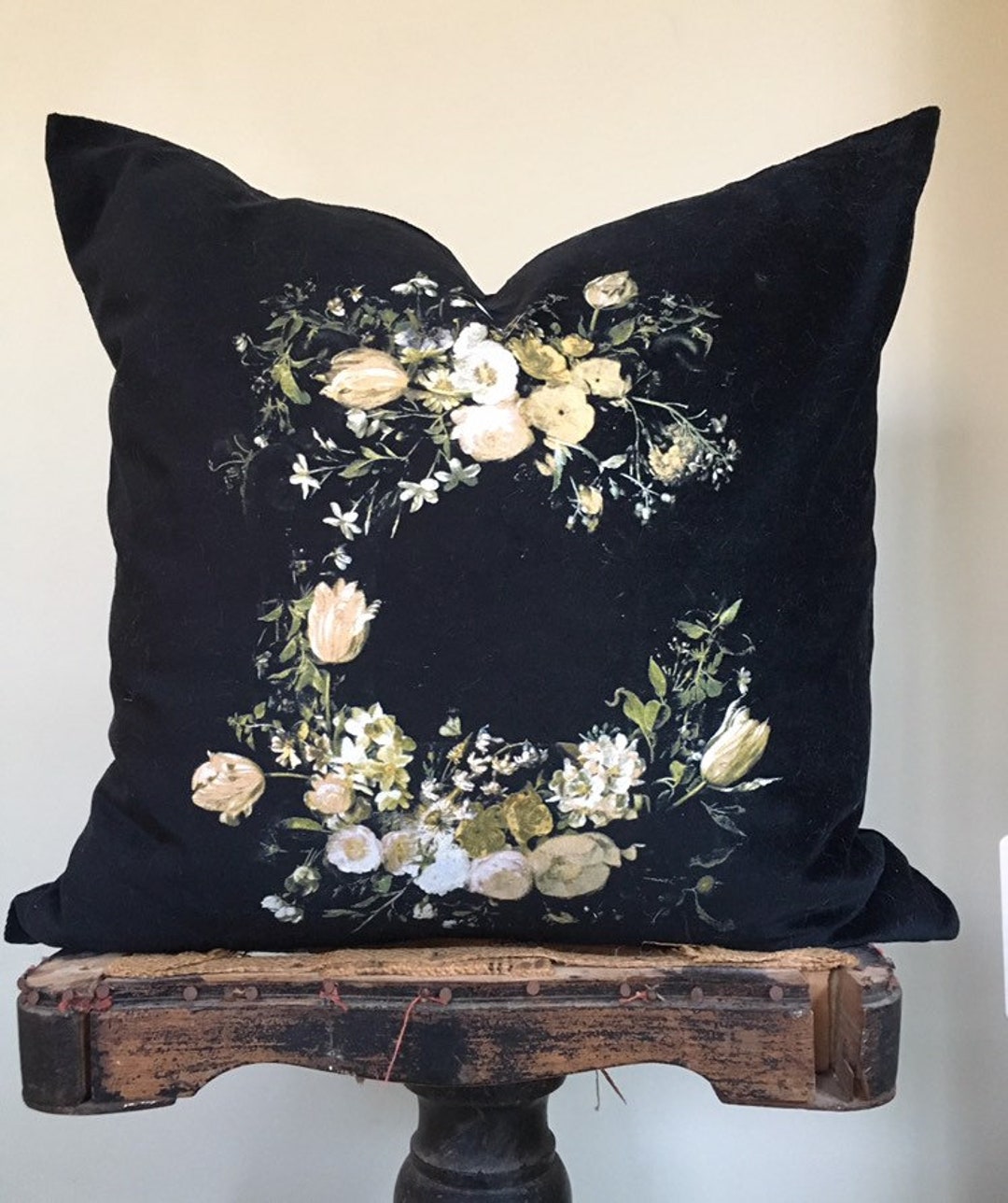 Black Floral Velvet Pillow Cover, Vintage Decorative Throw Pillow