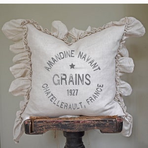 Linen Ruffle Grain Sack Pillow Cover, Shabby French Country Pillow Cover, French Antiques, Cottage Chic.
