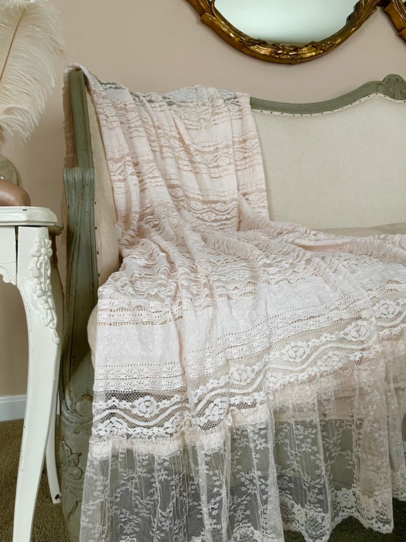 Pale Pink Ruffle Lace Throw, Elegant Photography Prop, Cottage