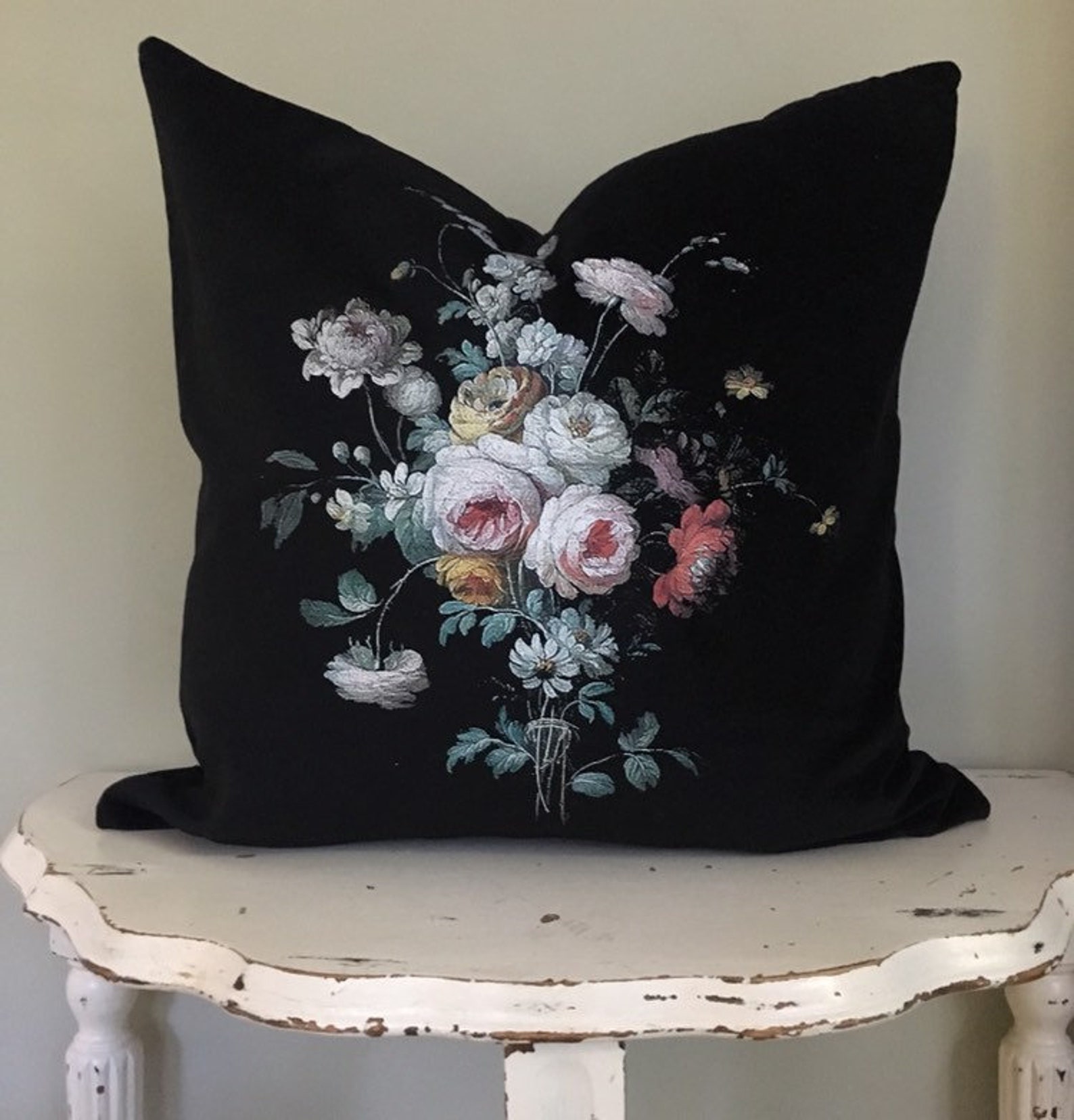 Black Floral Velvet Pillow Cover Vintage Decorative Throw Etsy
