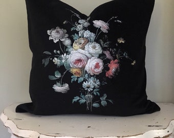 Black Floral Velvet Pillow Cover, Vintage Decorative Throw Pillow, French Country Decor, Cottage Chic, 18" x 18".