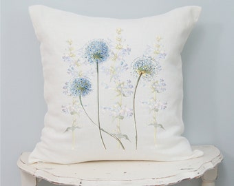 Blue Globe Floral Pillow Cover, Cottage Chic, Shabby Decor, French Country Decor, French Farmhouse, Summer Linen Cushion Cover.