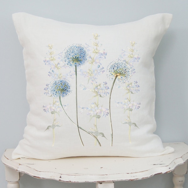 Blue Globe Floral Pillow Cover, Cottage Chic, Shabby Decor, French Country Decor, French Farmhouse, Summer Linen Cushion Cover.