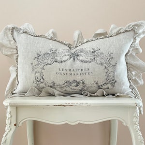 French Linen Lumbar Ruffle Pillow Cover, Beige Shabby Country Pillow Cover, French Antiques, Cottage Chic, 12&quot; x 20&quot;