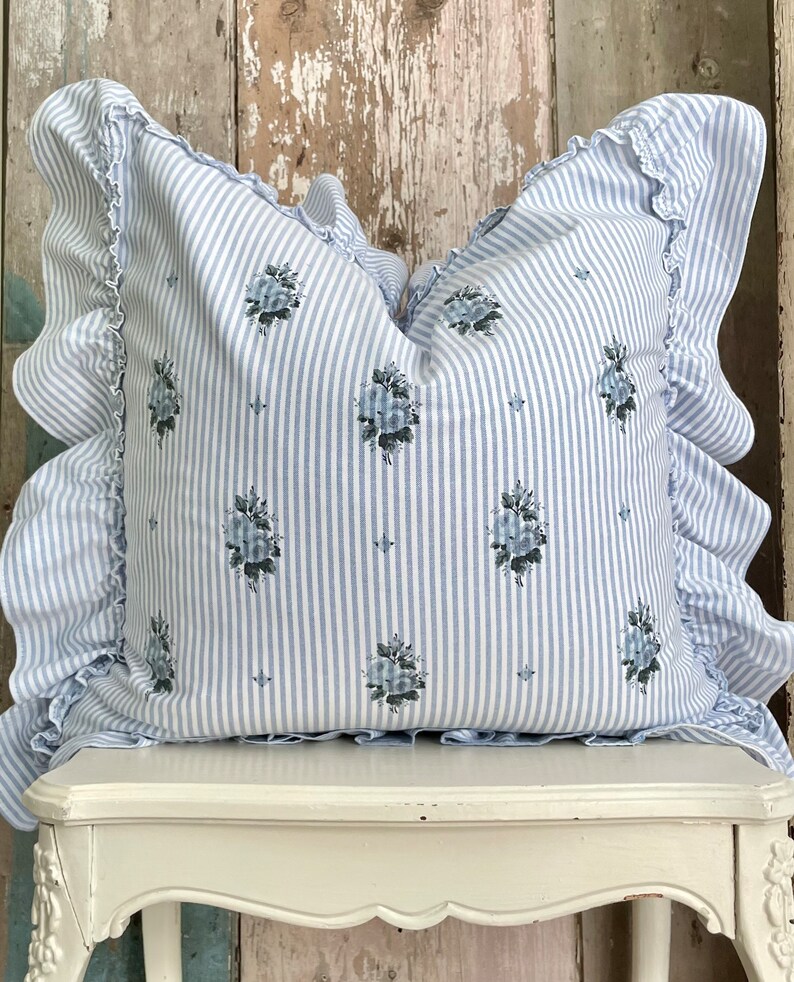 Blue Striped Floral Ruffle Pillow Cover Cottage Chic Cushion Etsy