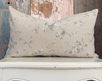 Beige, White and Grey Linen Lumbar Pillow Cover, Shabby French Country Decor, Cottage Chic, Modern Farmhouse Decor.