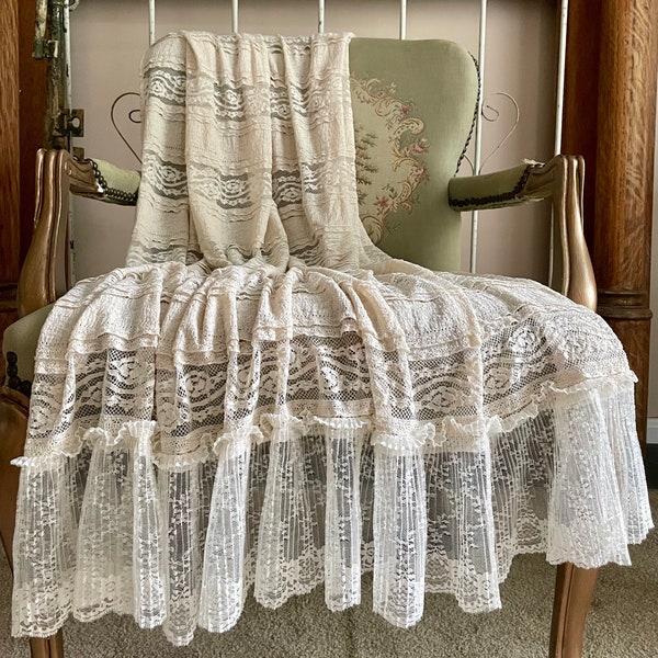 Ivory Ruffle Lace Throw, Elegant Photography Prop, Cottage Chic Blanket, Shabby French Country Decor, Natural Romantic Throw.