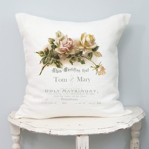 Personalized Gift for Couple, Wedding Linen Pillow, Vintage Marriage Certificate, Bridal Shower, Custom Anniversary Gift.