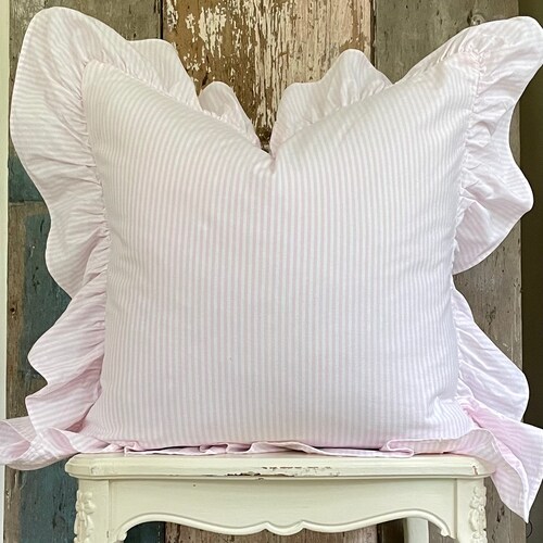 Blue and White Striped Ruffle Pillow Cover Cottage Chic Etsy