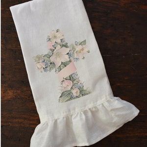 Floral Cross Tea Towel, Spring Ruffle Dishtowel, Vintage Cottage Chic Religious Decorations, Shabby French Country Kitchen.