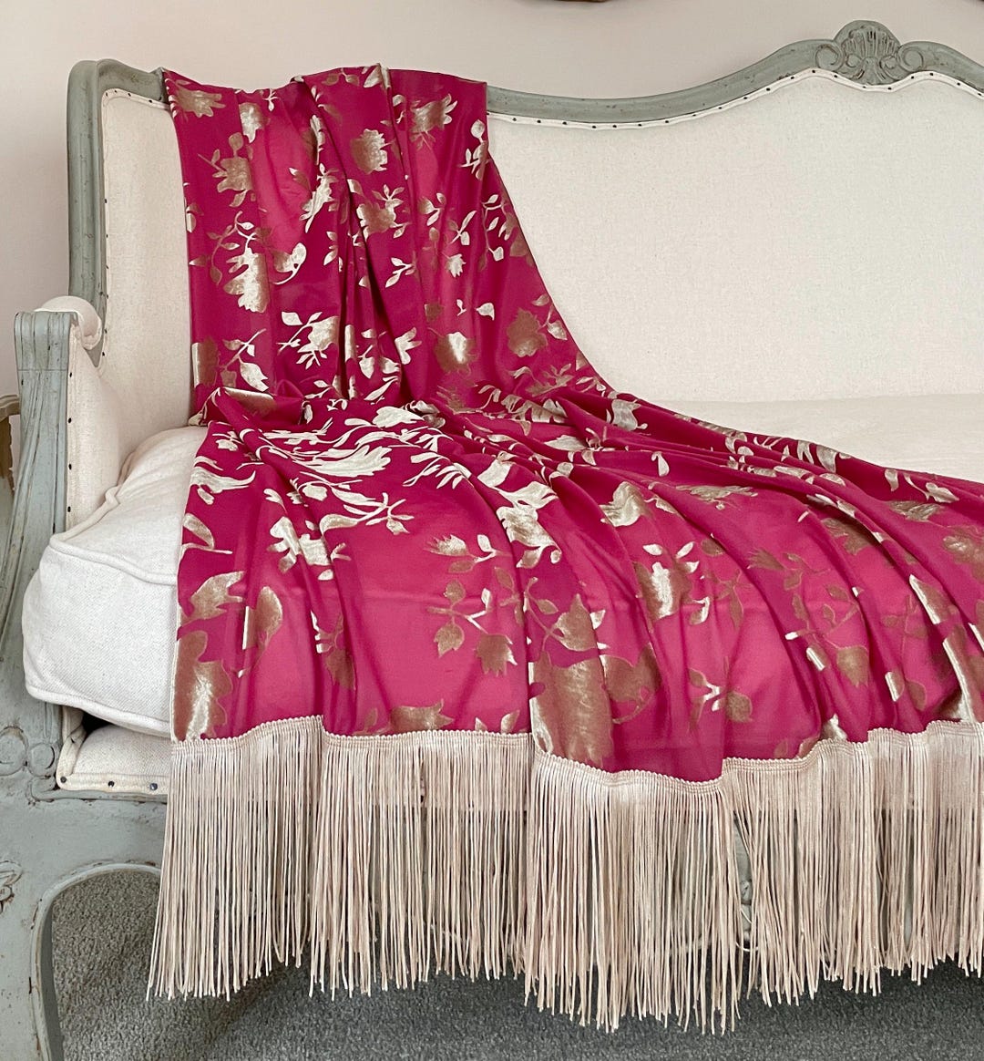 Cotton Raspberry Throw Raspberry Pink and Beige Velvet Fringe Throw, Cottage Chic Blanket ...