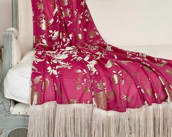 Raspberry Pink and Beige Velvet Fringe Throw, Cottage Chic Blanket, Elegant Bed Scarf, Shabby French Country Decor, Romantic Throw.
