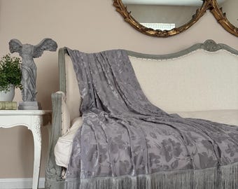 Muted Lavender Velvet Fringe Throw, Cottage Chic Blanket, Elegant Bed Scarf, Photography Prop, Shabby French Country Decor, Romantic Throw.