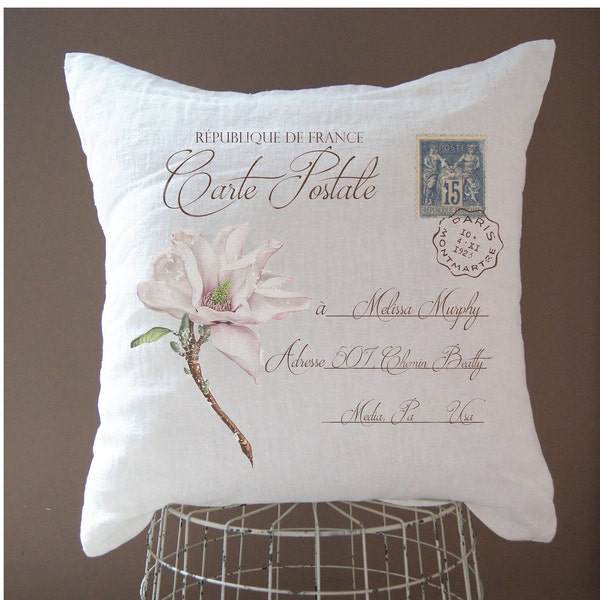 Magnolia Custom Postcard Pillow Cover, Shabby Farmhouse, French Country Cottage Chic Linen Pillow, Mother's Day Gift.