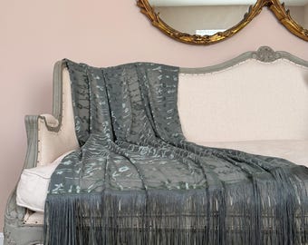 Blue Green Grey Velvet Fringe Throw, Silver Sage Cottage Chic Blanket, Elegant Bed Scarf, Shabby French Country Decor, Romantic Throw.