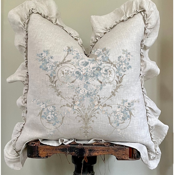 Shabby Floral Ruffle Linen Pillow Cover, French Country Neutral Beige Cushion, French Antiques, Cottage Chic, Swedish Farmhouse.