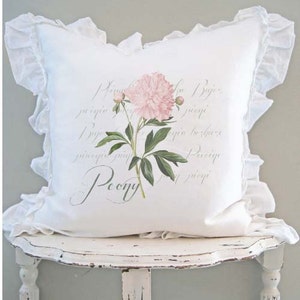 Floral Ruffle Pillow Cover, Shabby French Country Pillow, Cottage Chic, Summer Peony Cushion.