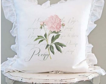 Floral Ruffle Pillow Cover, Shabby French Country Pillow, Cottage Chic, Summer Peony Cushion.