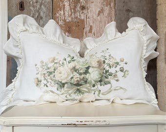 White Floral Ruffle Lumbar Pillow Cover, Farmhouse Linen Spring Decor, Shabby French Country Cottage Chic Home, 12” x 20”.