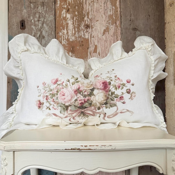 Pink Floral Ruffle Lumbar Pillow Cover, Farmhouse Linen Spring Decor, Shabby French Country Cottage Chic Home, 12” x 20”.