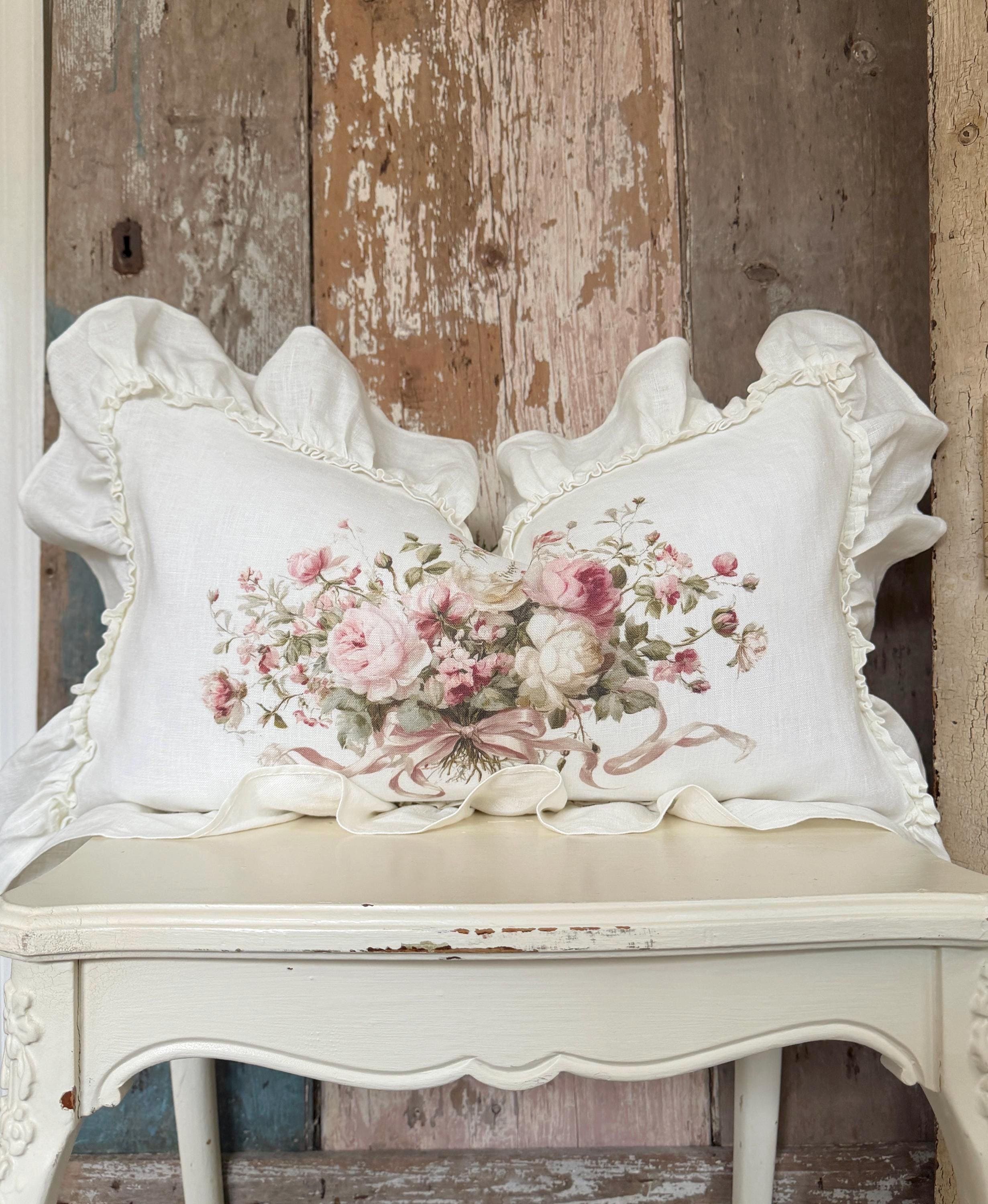 Pink Floral Ruffle Lumbar Pillow Cover, Farmhouse Linen Spring Decor ...