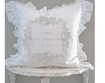 French Linen Ruffle Pillow Cover, Shabby Country Cushion Cover, Floral Script, Cottage Chic Decor.