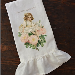 Valentine&#39;s Day Ruffle Tea Towel, Cottage Chic Ruffle Dishtowel, Shabby Farmhouse Country Kitchen.