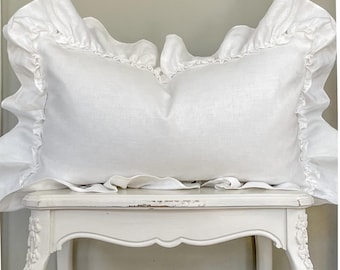 Solid Cream White Ruffle Lumbar Pillow Cover, Farmhouse Linen Decor, Shabby French Country Cottage Chic Home.