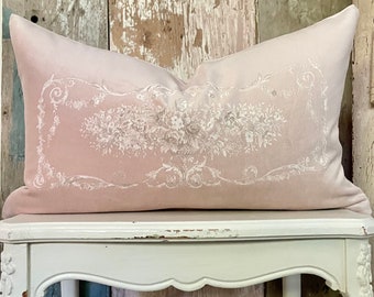 Beige Pink Floral Velvet Lumbar Pillow Cover, Vintage Aubusson Throw Pillow, French Country Decor, Cottage Chic, 12” x 20”