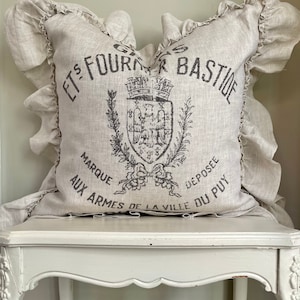 French Linen Grain Sack Ruffle Pillow Cover, Paris Crest Pillow Cover,  Shabby Antiques, Cottage Chic.