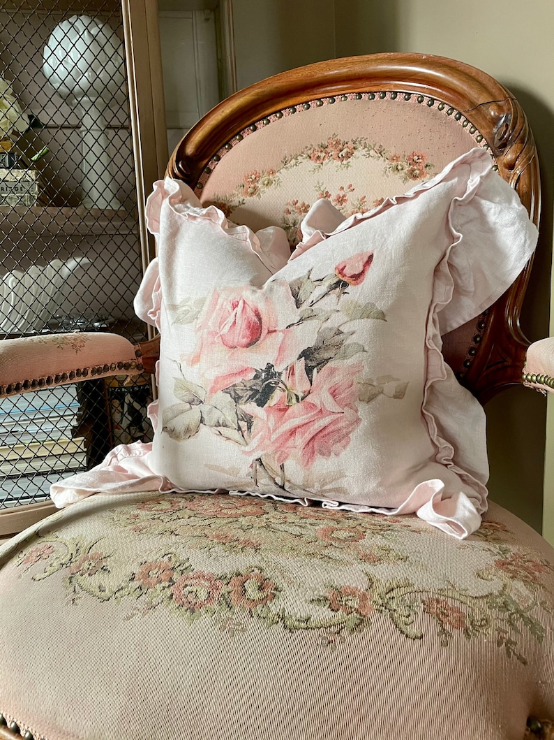 Cottage Chic Floral Spring Decor. Shabby Decor Blush Pink Rose Ruffle Pillow Cover French Country Cushion Cover