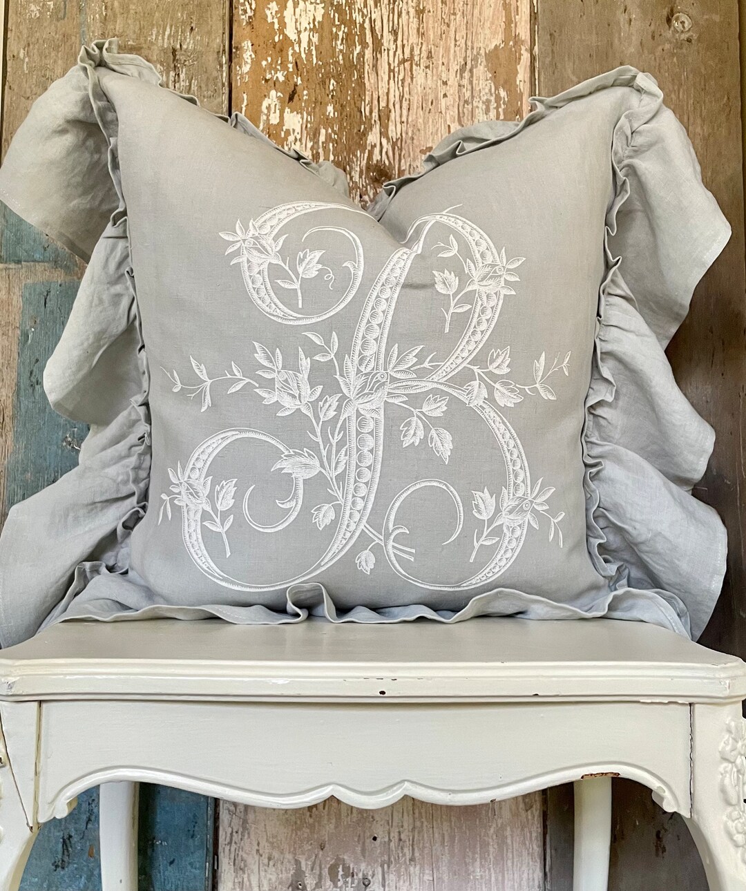 Initial Grey Ruffle Linen Pillow Cover, Personalized Letter Cushion