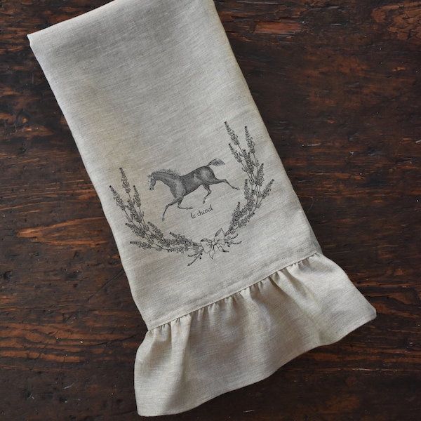 French Horse Linen Tea Towel, Ruffle Dishtowel, Shabby French Country Farmhouse Kitchen, Cottage Chic Decor.