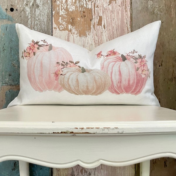 Pink Pumpkin Linen Lumbar Pillow Cover, Fall Farmhouse Sofa Pillow, Shabby Cottage Chic Autumn Decor.