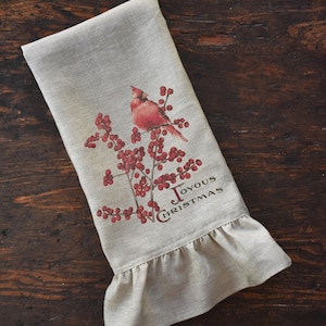 Vintage Christmas Cardinal Tea Towel, Retro Holiday Shabby Farmhouse Decorations, Cottage Chic Dishtowel.