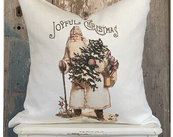 Neutral Santa Velvet Pillow Cover, Shabby Vintage White Christmas, Cottage Chic, Holiday Pillow, Kitsch Christmas.